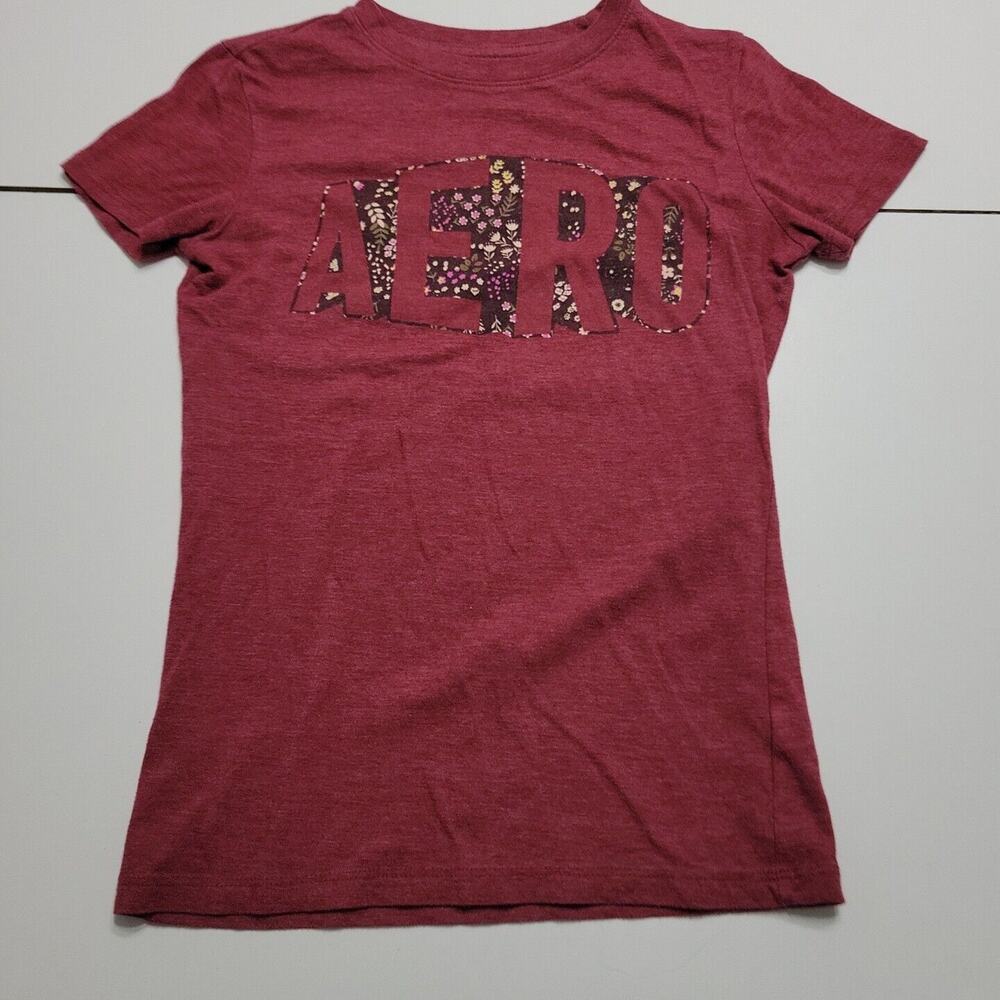Aeropostale Shirt Womens XS Maroon Tee Floral Spellout Stretch Classic Crew Top